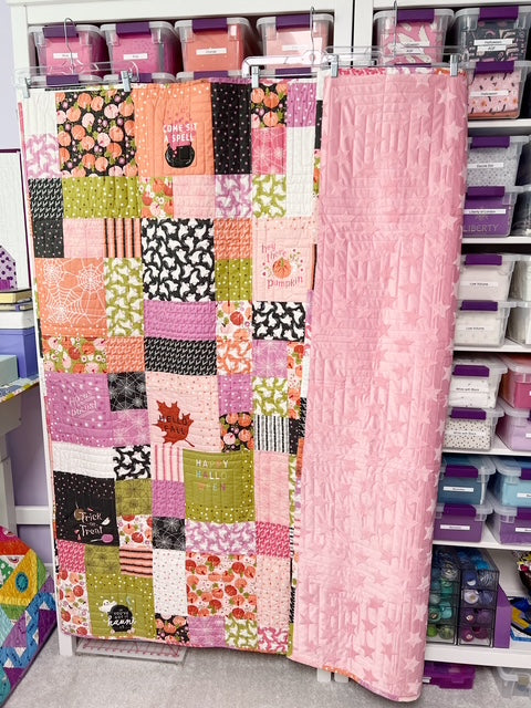 Fabric Talk Halloween Finished Quilt - 64" Square - Hey Boo Fabric and Minky Backing