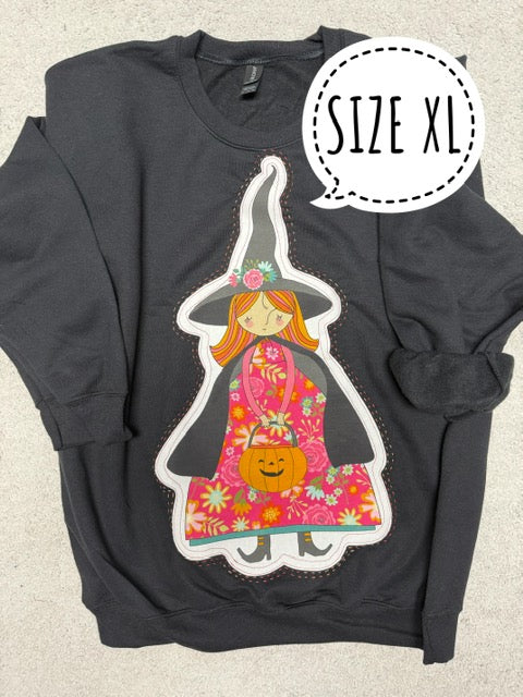 Pink Halloween Witch Sweatshirt - SIZE X-LARGE - Handmade Appliqué Crewneck - Kitty Loves Candy Witch - Quilted Halloween Pullover - Spooky Cute