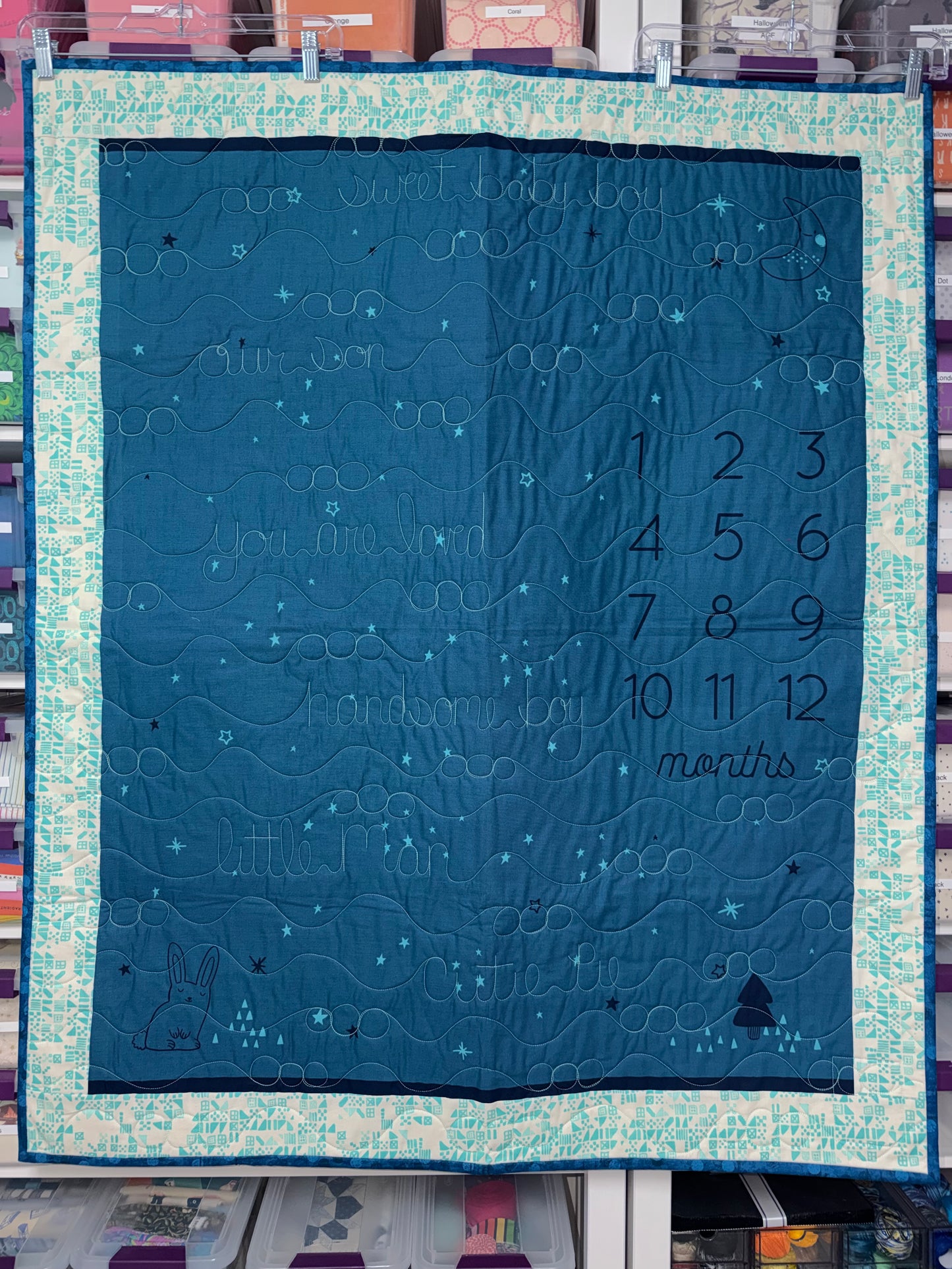 “Birthday” Baby Growth Quilt - FINISHED QUILT - Blue - 40" x 48"