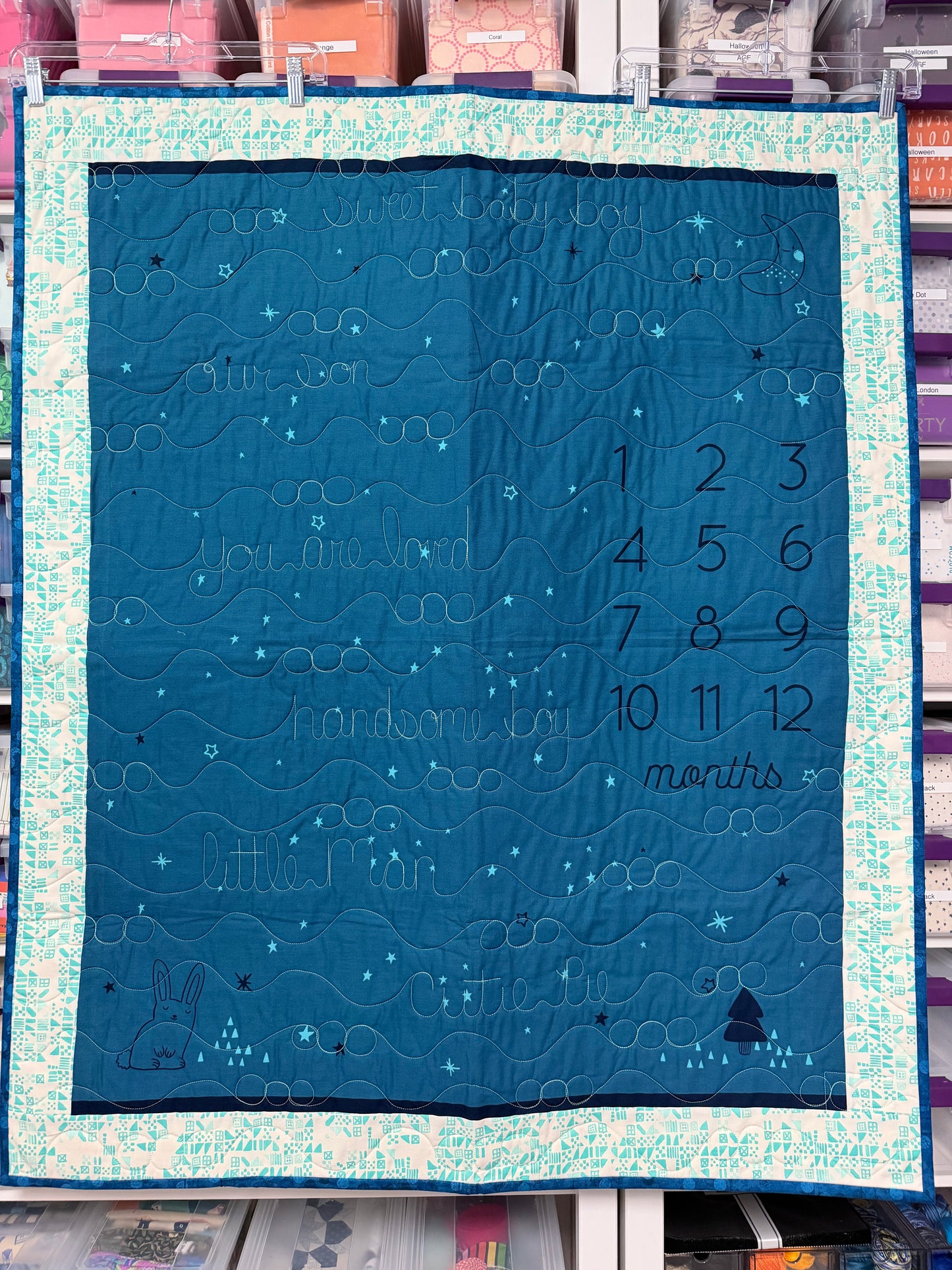 “Birthday” Baby Growth Quilt - FINISHED QUILT - Blue - 40" x 48"
