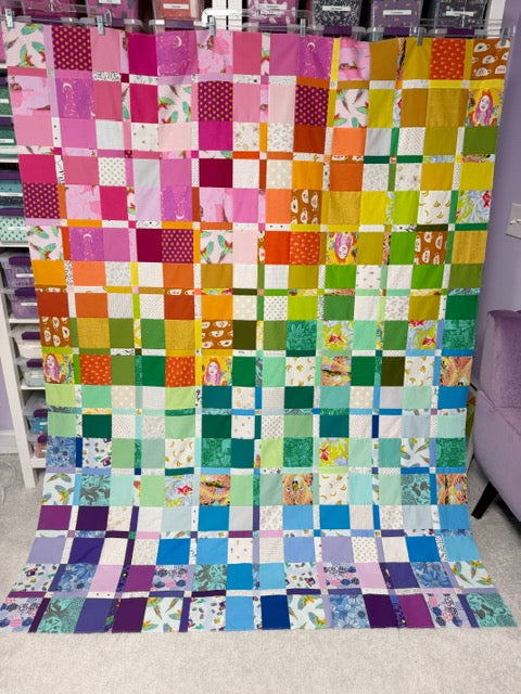 Handmade Plaidish Quilt Top – Unfinished Rainbow Patchwork Quilt Top, 64” x 82”