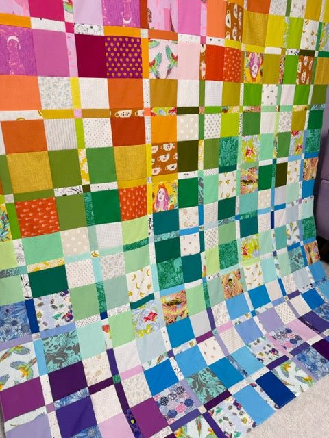 Handmade Plaidish Quilt Top – Unfinished Rainbow Patchwork Quilt Top, 64” x 82”