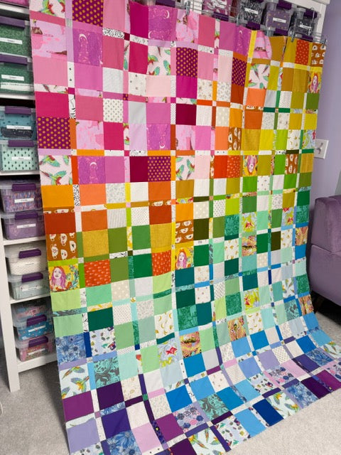 Handmade Plaidish Quilt Top – Unfinished Rainbow Patchwork Quilt Top, 64” x 82”