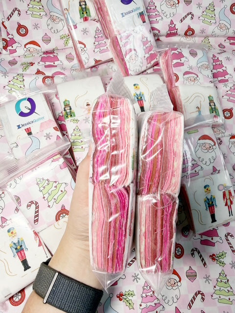 Pink Santa Christmas JQ Pack | 400 Precut 2.5-Inch Fabric Squares + 1 Yard Pink Santa Fabric