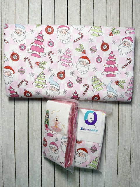 Pink Santa Christmas JQ Pack | 400 Precut 2.5-Inch Fabric Squares + 1 Yard Pink Santa Fabric