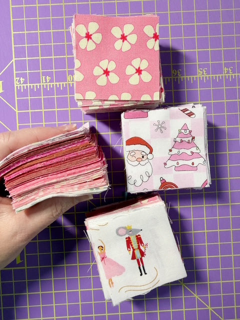 EXTRA SQUARES - Pink Santa Christmas JQ Pack | 430 Precut 2.5-Inch Fabric Squares + 1 Yard Pink Santa Fabric