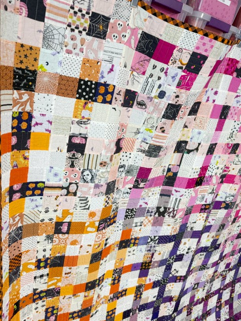 Halloween Scrap-Busting Nine Patch Quilt – Finished 76” Square Quilt with Plush Minky Backing