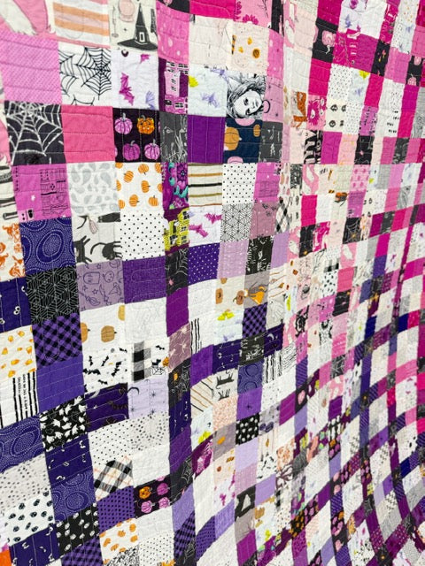 Halloween Scrap-Busting Nine Patch Quilt – Finished 76” Square Quilt with Plush Minky Backing