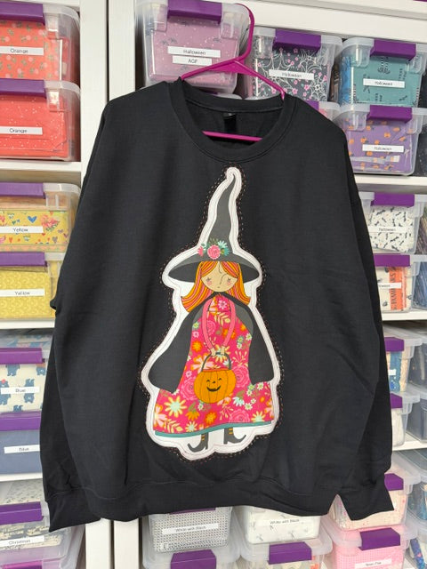 Pink Halloween Witch Sweatshirt - SIZE LARGE - Handmade Appliqué Crewneck - Kitty Loves Candy Witch - Quilted Halloween Pullover - Spooky Cute