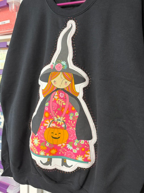 Pink Halloween Witch Sweatshirt - SIZE X-LARGE - Handmade Appliqué Crewneck - Kitty Loves Candy Witch - Quilted Halloween Pullover - Spooky Cute