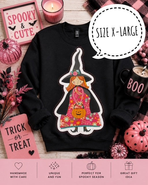 Pink Halloween Witch Sweatshirt - SIZE X-LARGE - Handmade Appliqué Crewneck - Kitty Loves Candy Witch - Quilted Halloween Pullover - Spooky Cute