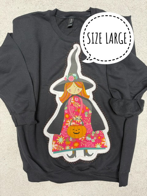 Pink Halloween Witch Sweatshirt - SIZE LARGE - Handmade Appliqué Crewneck - Kitty Loves Candy Witch - Quilted Halloween Pullover - Spooky Cute