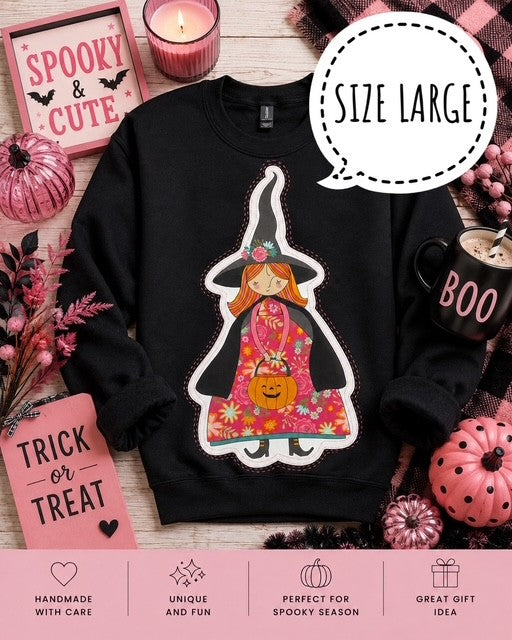 Pink Halloween Witch Sweatshirt - SIZE LARGE - Handmade Appliqué Crewneck - Kitty Loves Candy Witch - Quilted Halloween Pullover - Spooky Cute