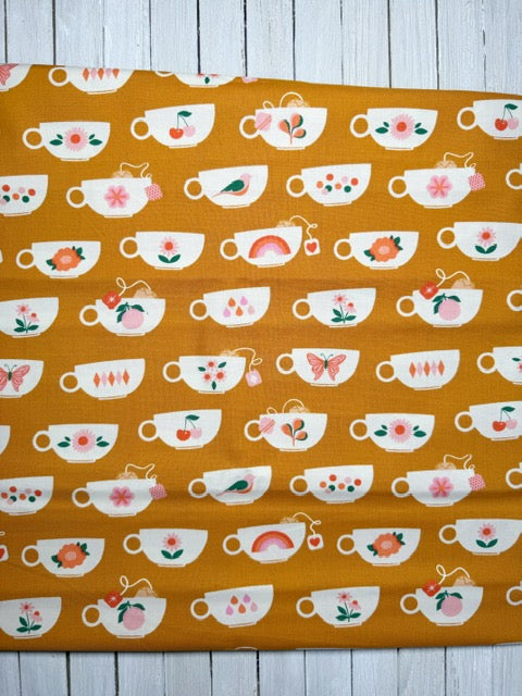 Ruby Star Society Fabric Yardage – Camellia Tea Cups Caramel Brown – Cotton Woven Quilting Fabric
