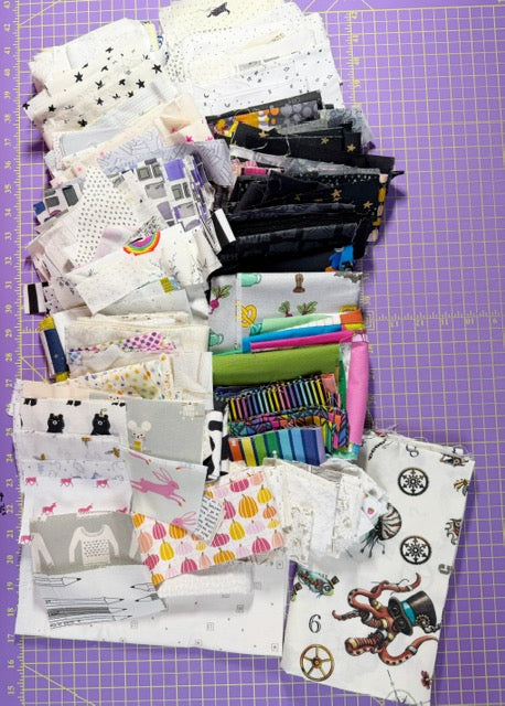 Black, White, Rainbow & Low Volume Fabric Scrap Bundle – 3+ lb Destash Lot with Yardage & Orphan Quilt Blocks