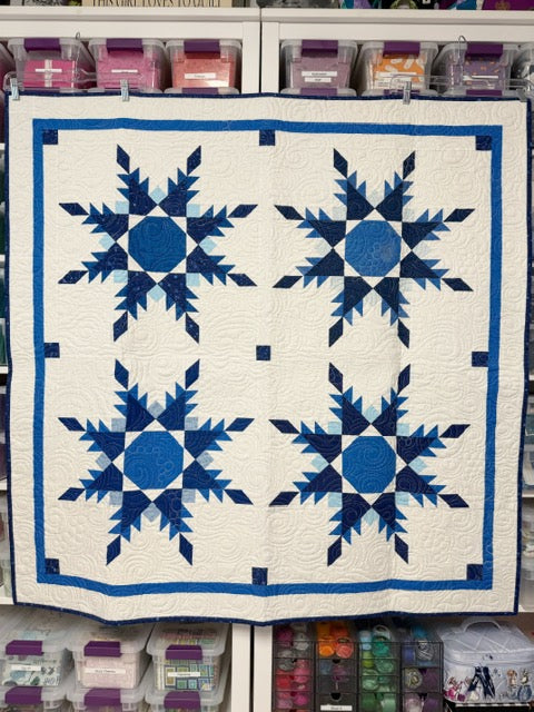 Blue Feathered Star Art Quilt, Custom Quilted Wall Hanging – 51” Square