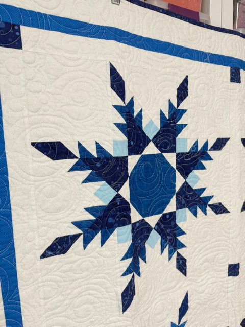 Blue Feathered Star Art Quilt, Custom Quilted Wall Hanging – 51” Square