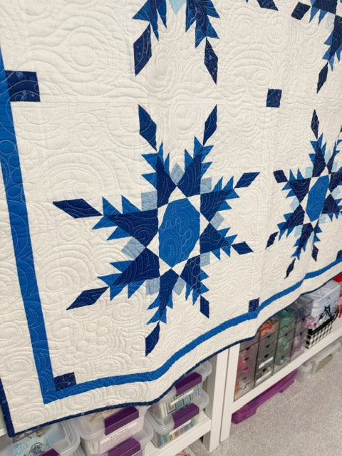 Blue Feathered Star Art Quilt, Custom Quilted Wall Hanging – 51” Square