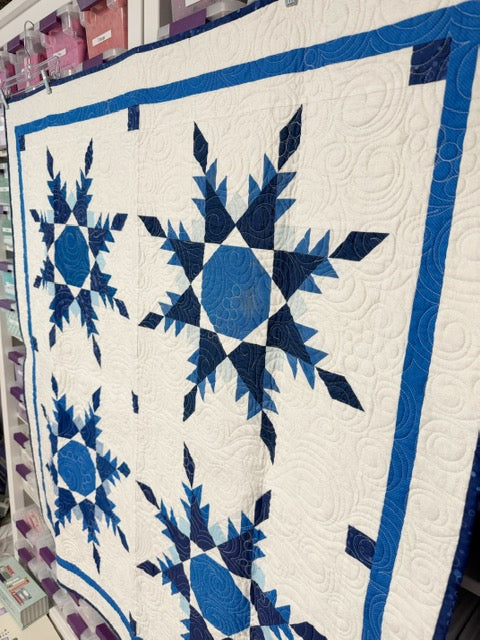 Blue Feathered Star Art Quilt, Custom Quilted Wall Hanging – 51” Square