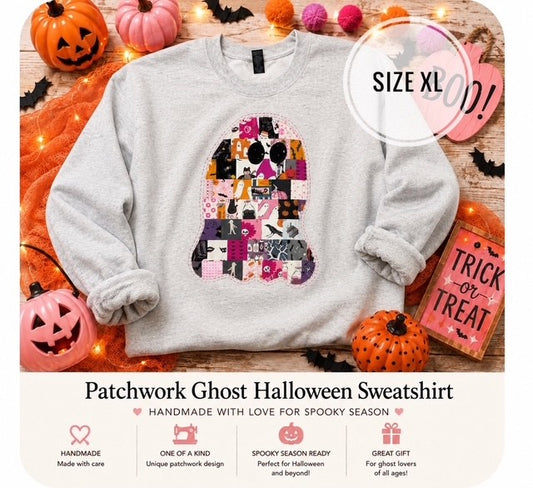 Halloween Patchwork Ghost Sweatshirt – SIZE X-LARGE - Handmade Appliqué - Light Ash Grey Crewneck - Quilted Halloween Pullover - Spooky Cute