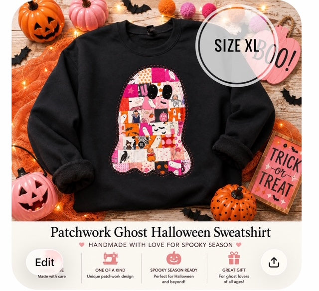 Halloween Patchwork Ghost Sweatshirt – SIZE X-LARGE - Handmade Appliqué Crewneck - Quilted Halloween Pullover - Spooky Cute