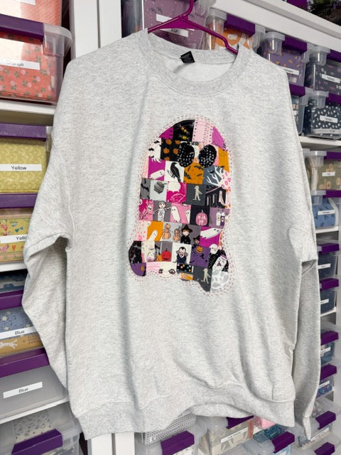 Halloween Patchwork Ghost Sweatshirt – SIZE X-LARGE - (Small Repair to Sleeve) Handmade Appliqué - Light Ash Grey Crewneck - Quilted Halloween Pullover - Spooky Cute
