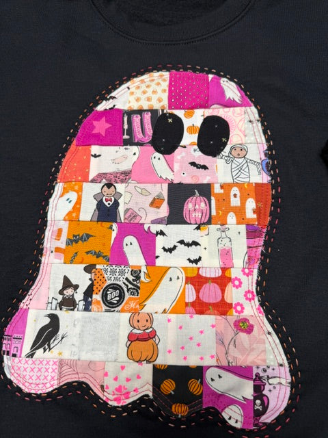Halloween Patchwork Ghost Sweatshirt – SIZE X-LARGE - Handmade Appliqué Crewneck - Quilted Halloween Pullover - Spooky Cute