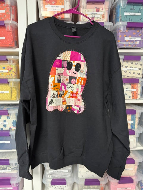 Halloween Patchwork Ghost Sweatshirt – SIZE X-LARGE - Handmade Appliqué Crewneck - Quilted Halloween Pullover - Spooky Cute