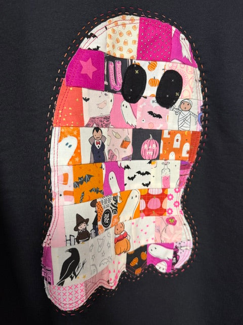 Halloween Patchwork Ghost Sweatshirt – SIZE X-LARGE - Handmade Appliqué Crewneck - Quilted Halloween Pullover - Spooky Cute