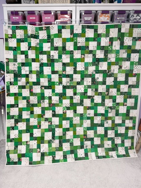 Finished Christmas Patchwork Quilt - 70” Square - Green & White Prints - Red & Black Plaid Minky Backing