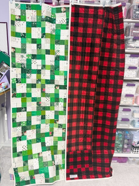 Finished Christmas Patchwork Quilt - 70” Square - Green & White Prints - Red & Black Plaid Minky Backing