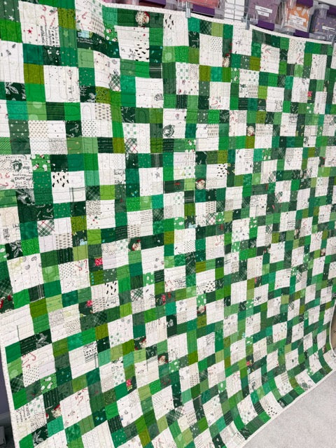Finished Christmas Patchwork Quilt - 70” Square - Green & White Prints - Red & Black Plaid Minky Backing