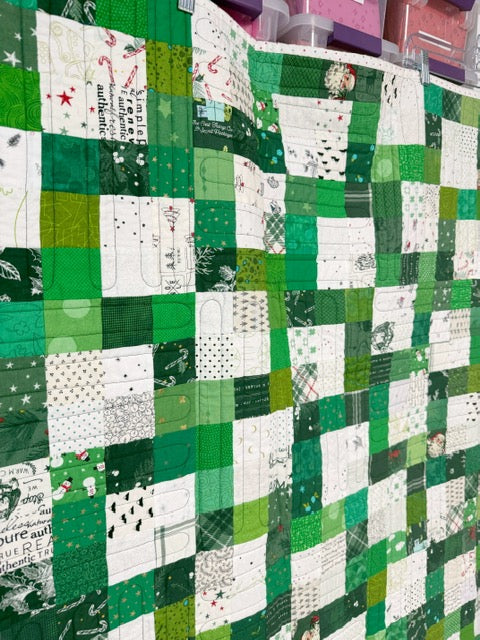 Finished Christmas Patchwork Quilt - 70” Square - Green & White Prints - Red & Black Plaid Minky Backing
