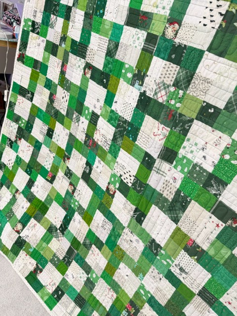 Finished Christmas Patchwork Quilt - 70” Square - Green & White Prints - Red & Black Plaid Minky Backing