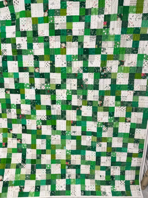Finished Christmas Patchwork Quilt - 70” Square - Green & White Prints - Red & Black Plaid Minky Backing