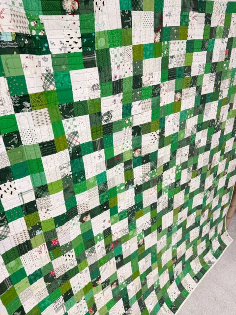 Finished Christmas Patchwork Quilt - 70” Square - Green & White Prints - Red & Black Plaid Minky Backing