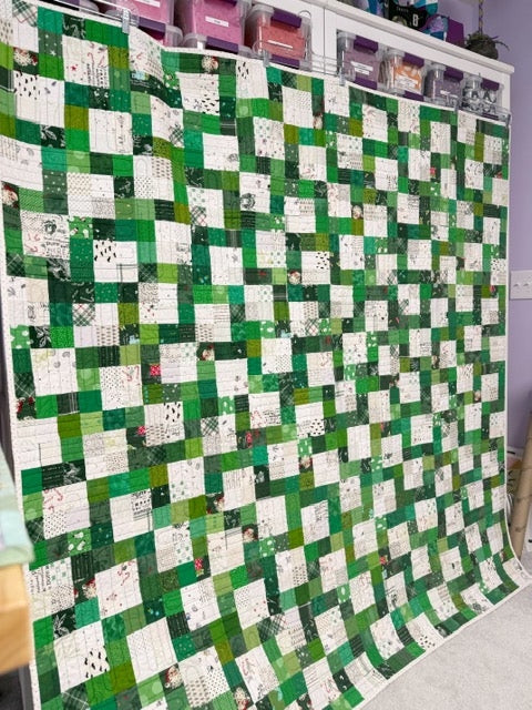 Finished Christmas Patchwork Quilt - 70” Square - Green & White Prints - Red & Black Plaid Minky Backing