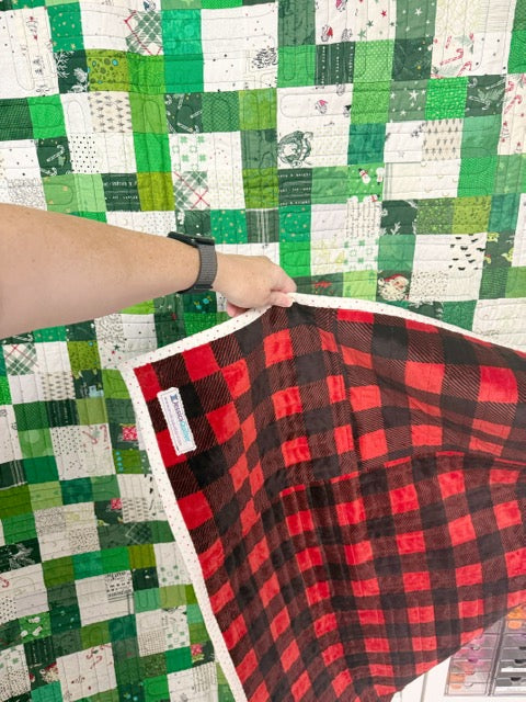 Finished Christmas Patchwork Quilt - 70” Square - Green & White Prints - Red & Black Plaid Minky Backing