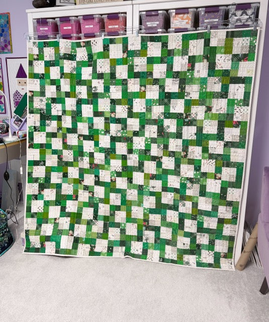 Finished Christmas Patchwork Quilt - 70” Square - Green & White Prints - Red & Black Plaid Minky Backing
