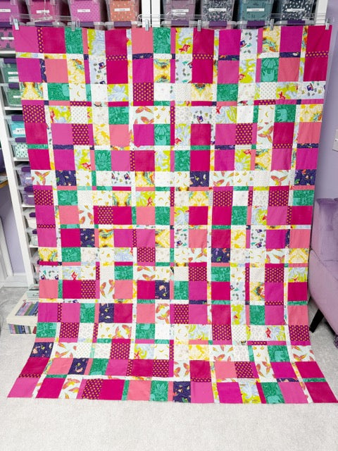 Handmade Plaidish Quilt Top – 64” x 82” – Unfinished Patchwork Quilt Top Ready to Quilt – With Scrappy Pink Highlights
