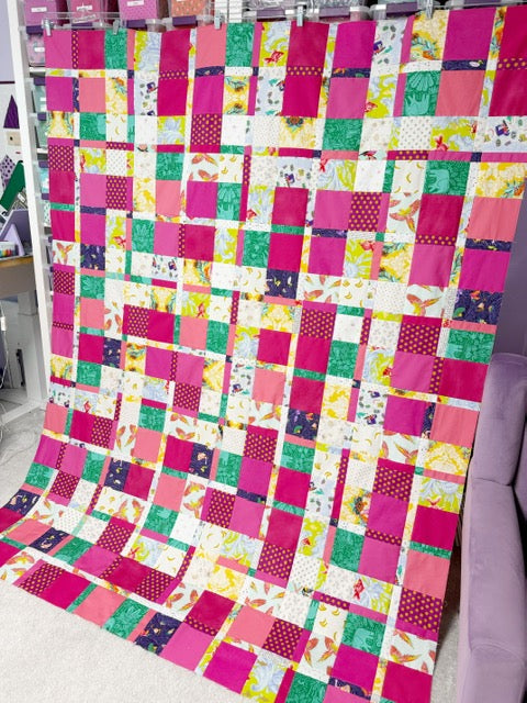 Handmade Plaidish Quilt Top – 64” x 82” – Unfinished Patchwork Quilt Top Ready to Quilt – With Scrappy Pink Highlights