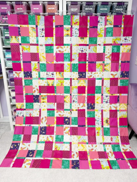 Handmade Plaidish Quilt Top – 64” x 82” – Unfinished Patchwork Quilt Top Ready to Quilt – With Scrappy Pink Highlights