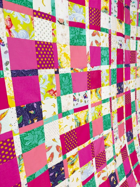 Handmade Plaidish Quilt Top – 64” x 82” – Unfinished Patchwork Quilt Top Ready to Quilt – With Scrappy Pink Highlights