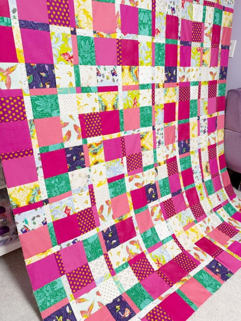Handmade Plaidish Quilt Top – 64” x 82” – Unfinished Patchwork Quilt Top Ready to Quilt – With Scrappy Pink Highlights