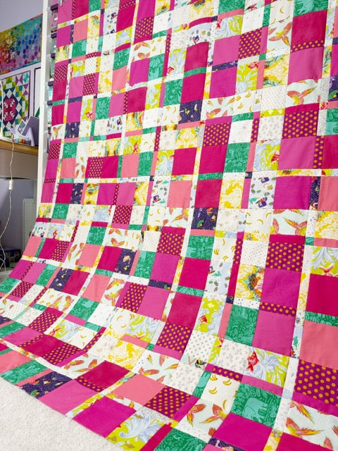 Handmade Plaidish Quilt Top – 64” x 82” – Unfinished Patchwork Quilt Top Ready to Quilt – With Scrappy Pink Highlights