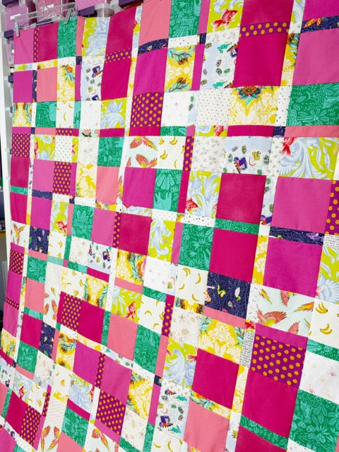 Handmade Plaidish Quilt Top – 64” x 82” – Unfinished Patchwork Quilt Top Ready to Quilt – With Scrappy Pink Highlights