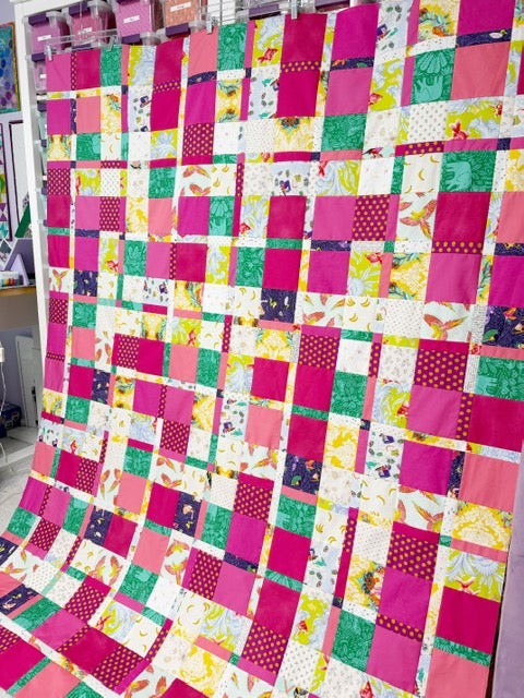 Handmade Plaidish Quilt Top – 64” x 82” – Unfinished Patchwork Quilt Top Ready to Quilt – With Scrappy Pink Highlights