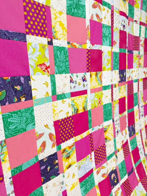 Handmade Plaidish Quilt Top – 64” x 82” – Unfinished Patchwork Quilt Top Ready to Quilt – With Scrappy Pink Highlights