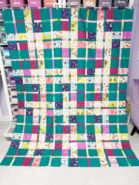 Handmade Plaidish Quilt Top – 64” x 82” – Unfinished Patchwork Quilt Top Ready to Quilt – With Kona Ultra Marine (Teal Color)