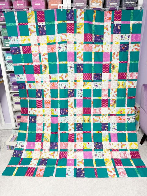 Handmade Plaidish Quilt Top – 64” x 82” – Unfinished Patchwork Quilt Top Ready to Quilt – With Kona Ultra Marine (Teal Color)